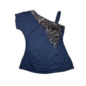 Studio Y Navy One- Shoulder Sequin Top Size Large